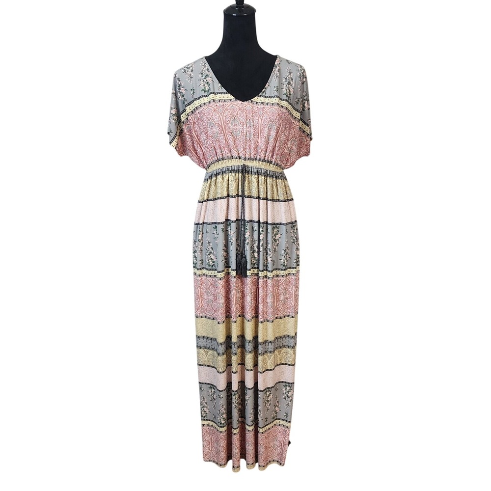 STYLE & CO Size Large Multicolor Boho Chic Dolman Sleeve V-neck Maxi Dress EUC - Picture 1 of 7